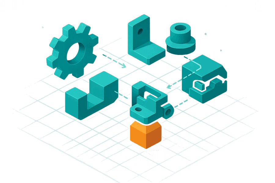 Separate 3D parts sliding together on a build plate